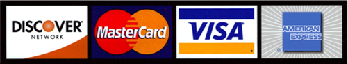 Logos for Mastercard, Discover, American Express, and Visa, indicating all credit cards are accepted.